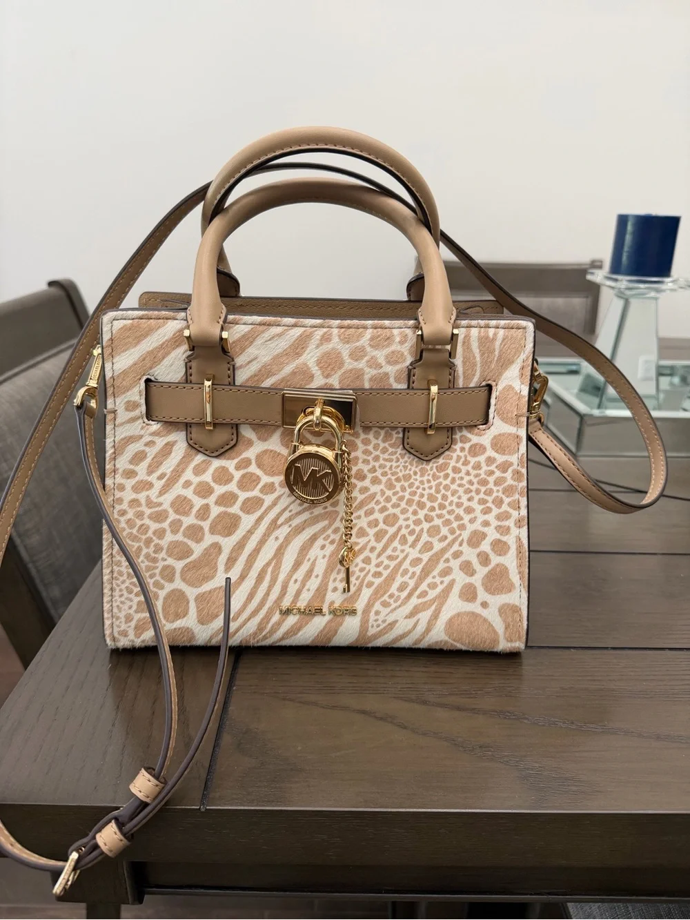 Michael Kors Beige Animal-Print Satchel with Gold Hardware